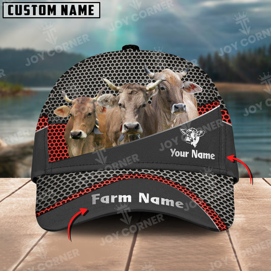 Joycorners Brown Swiss Customized Name And Farm Name Metal 3D Classic Cap