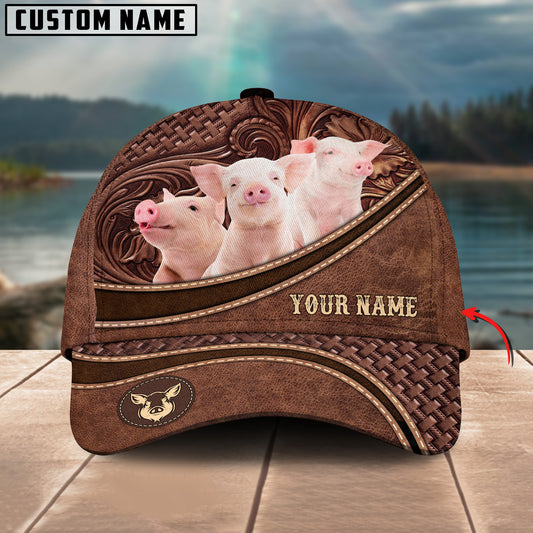 Joycorners Pig Personalized Name Brown Carving Leather Pattern 3D Classic Cap