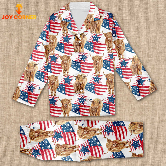 Joycorners Highland Cattle Happy US Flag Pattern 3D Pajamas