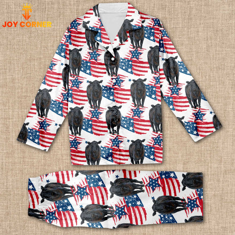 Joycorners Black Angus Cattle Happy US Flag Pattern 3D Pajamas