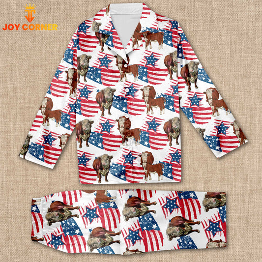 Joycorners Hereford Cattle Happy US Flag Pattern 3D Pajamas