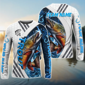 Joycorners Personalized Text Trout Fishing White Blue Lava Sport Pattern 3D Long Sleeve Shirt