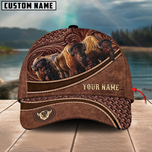 Joycorners Bison Personalized Name Brown Carving Leather Pattern 3D Classic Cap