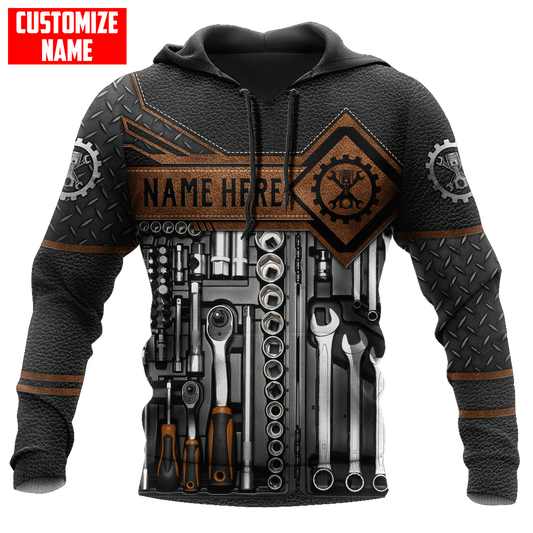 Joycorners Mechanic Custom Name Leather Metal Pattern Printed 3D Black Hoodie