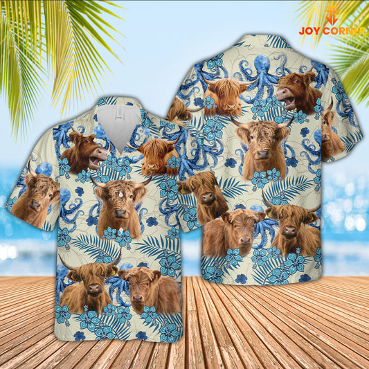 Joy Corners Highland Cattle Blue And White Porcelain 3D Hawaiian Shirt