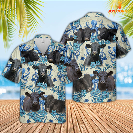 Joy Corners Angus Cattle Blue And White Porcelain 3D Hawaiian Shirt