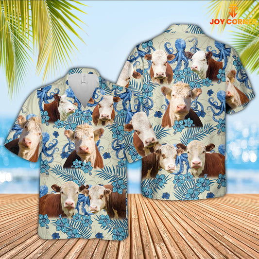 Joy Corners Hereford Cattle Blue And White Porcelain 3D Hawaiian Shirt