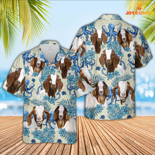 Joy Corners Boer Goat Blue And White Porcelain 3D Hawaiian Shirt