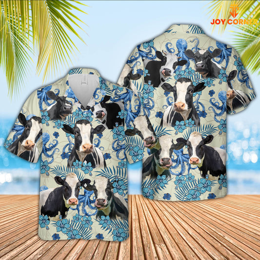 Joy Corners Holstein Cattle Blue And White Porcelain 3D Hawaiian Shirt