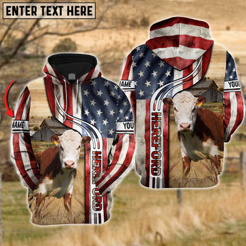 Joycorners Farm Custom Name Hereford Cattle US Flag 3D Printed Hoodie