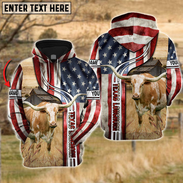 Joycorners Farm Custom Name Texas Longhorn US Flag 3D Printed Hoodie