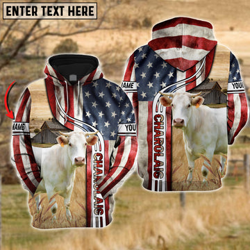 Joycorners Farm Custom Name Charolais Cattle US Flag 3D Printed Hoodie