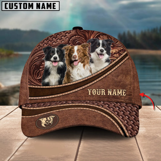 Joycorners Border Collie Personalized Name Brown Carving Leather Pattern 3D Classic Cap