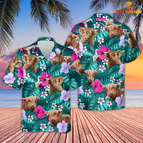 Joy Corners Highland Cattle Tropical Style 3D Hawaiian Shirt