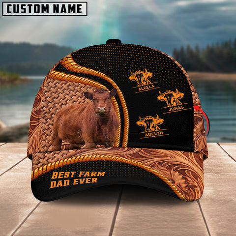 Joycorners Red Angus Dad Customized Name Leather Carving 3D Cap