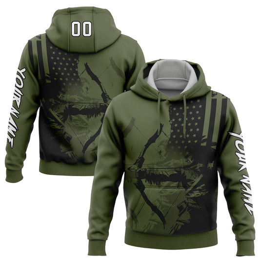 Joycorners Custom Stitched Olive White-Black 3D American Flag And Bow Hunter Hunting Sports Pullover 3D Classic Hoodie