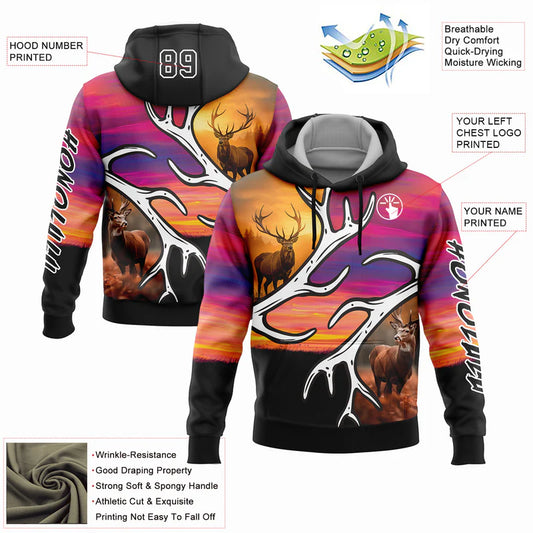 Joycorners Custom Stitched Black White 3D Deer Hunting Sports Pullover 3D Hoodie