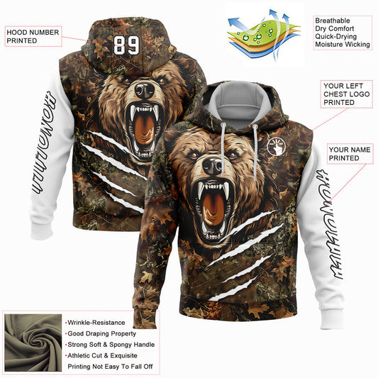 Joycorners Custom Stitched Camo Black-White Bear Hunting Sports Pullover 3D Hoodie