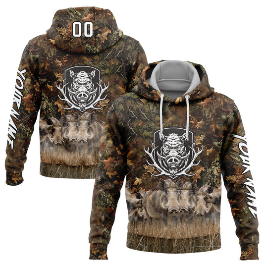 Joycorners Custom Stitched Camo White-Black 3D Wild Boar Hunting Sports Pullover 3D Hoodie