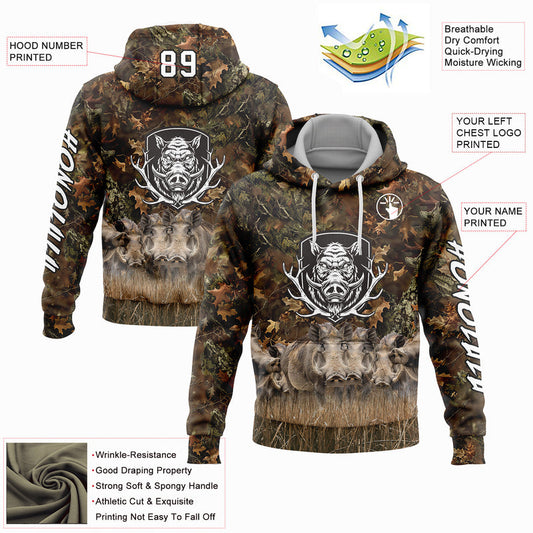 Joycorners Custom Stitched Camo White-Black 3D Wild Boar Hunting Sports Pullover 3D Hoodie