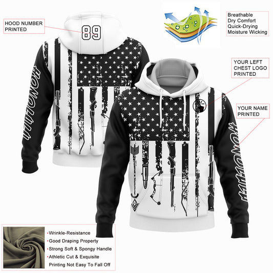 Joycorners Custom Stitched Black White 3D American Flag And Hunting Sports Pullover 3D Hoodie