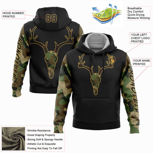 Joycorners Custom Stitched Black Cmao-Old Gold 3D Deer Hunting Sports Pullover 3D Hoodie
