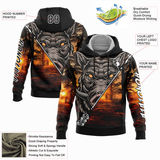 Joycorners Custom Stitched Black White 3D Wild Boar Arrow Hunting Sports Pullover 3D Hoodie