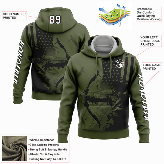 Joycorners Custom Stitched Olive White-Black 3D American Flag And Bow Hunter Hunting Sports Pullover 3D Classic Hoodie