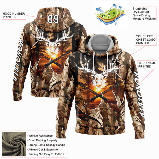 Joycorners Custom Stitched Camo White-Black 3D Gun Deer Hunting Sports Pullover 3D Hoodie