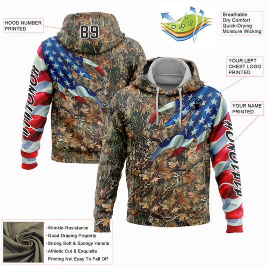 Joycorners Custom Stitched Camo Black-White 3D American Flag Hunting Sports Pullover 3D Hoodie
