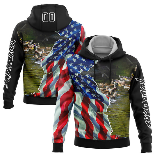 Joycorners Custom Stitched Black White 3D American Flag And Duck Hunting Sports Pullover 3D Hoodie