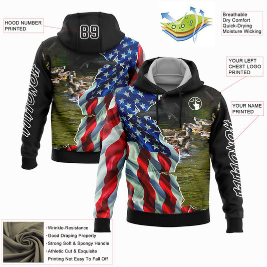 Joycorners Custom Stitched Black White 3D American Flag And Duck Hunting Sports Pullover 3D Hoodie