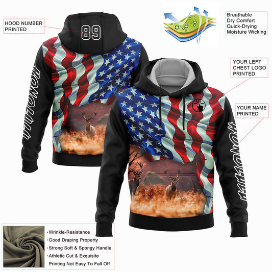 Joycorners Custom Stitched Black White 3D American Flag And Deer Hunting Sports Pullover 3D Hoodie