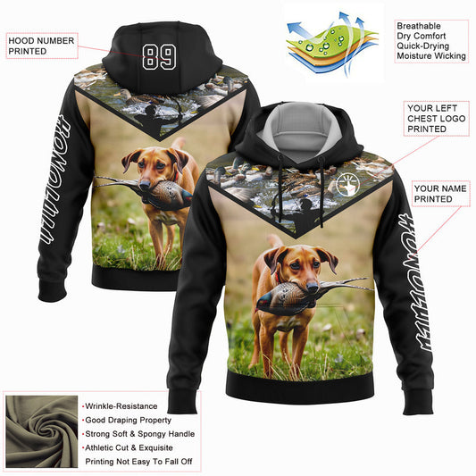 Joycorners Custom Stitched Black White 3D Bow Hunter And Pheasant Hunting With Dog Sports Pullover 3D Hoodie
