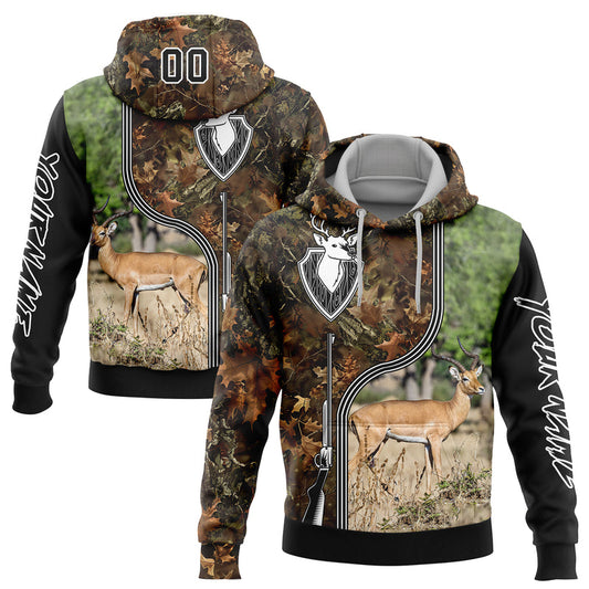 Joycorners Custom Stitched Camo Black-White 3D Deer And Impala Gun Hunting Sports Pullover 3D Hoodie