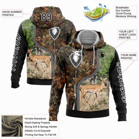 Joycorners Custom Stitched Camo Black-White 3D Deer And Impala Gun Hunting Sports Pullover 3D Hoodie