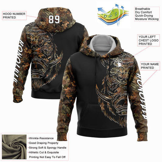 Joycorners Custom Stitched Camo White-Black 3D Wild Boar Hunting Sports Pullover 3D Hoodie