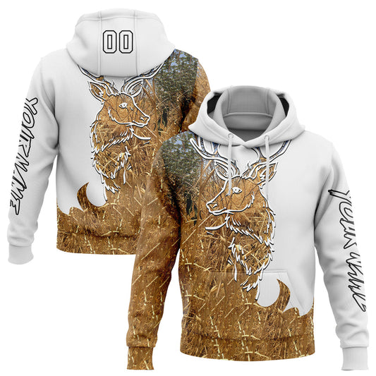 Joycorners Custom Stitched White Black-Old Gold 3D Deer Hunting Sports Pullover 3D Hoodie