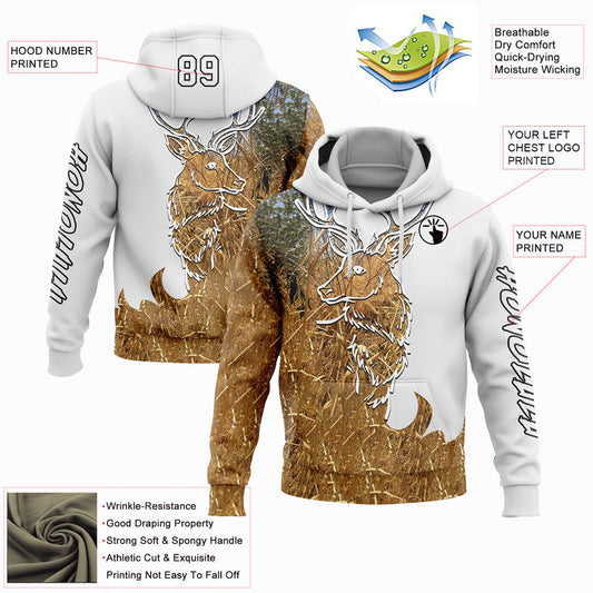 Joycorners Custom Stitched White Black-Old Gold 3D Deer Hunting Sports Pullover 3D Hoodie