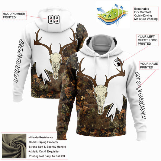 Joycorners Custom Stitched White Black-Camo 3D Deer Skull Hunting Sports Pullover 3D Hoodie