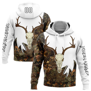 Joycorners Custom Stitched White Black-Camo 3D Deer Skull Hunting Sports Pullover 3D Hoodie