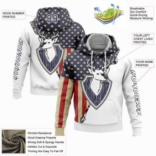 Joycorners Custom Stitched White Navy 3D American Flag And Deer Hunting Sports Pullover 3D Hoodie