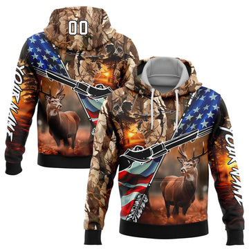 Joycorners Custom Stitched Camo White-Black 3D American Flag And Hunting Tools Deer Hunting Sports Pullover 3D Hoodie