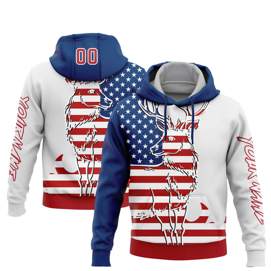Joycorners Custom Stitched White Red-US Navy Blue 3D American Flag And Deer Hunting Sports Pullover 3D Hoodie