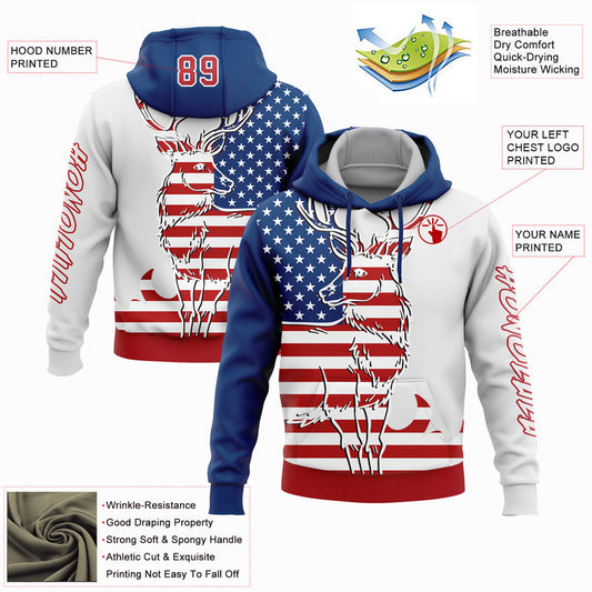 Joycorners Custom Stitched White Red-US Navy Blue 3D American Flag And Deer Hunting Sports Pullover 3D Hoodie