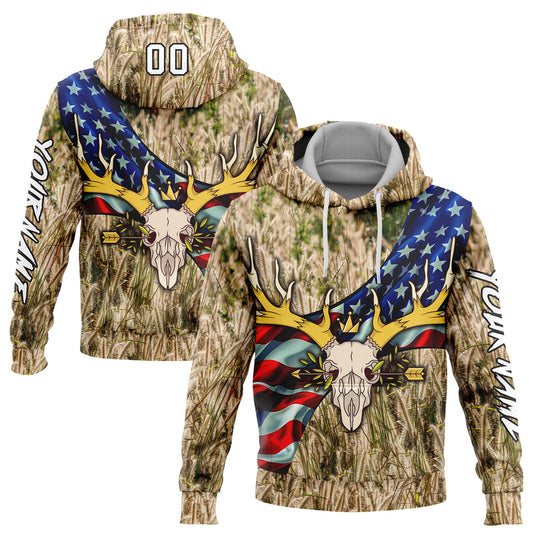 Joycorners Custom Stitched City Cream White-Black 3D American Flag And Deer Skull Hunting Sports Pullover 3D Hoodie