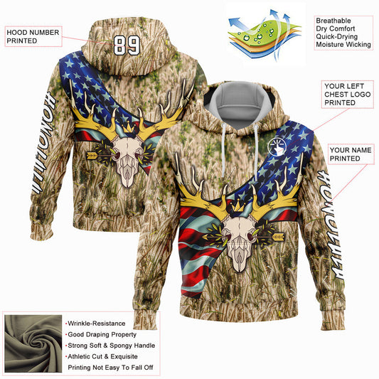 Joycorners Custom Stitched City Cream White-Black 3D American Flag And Deer Skull Hunting Sports Pullover 3D Hoodie