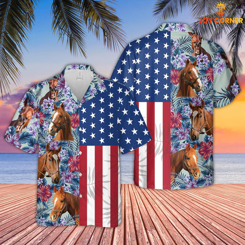 Joy Corners Horse Flower Pattern US Flag 3D Hawaiian Shirt