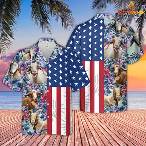 Joy Corners Goat Flower Pattern US Flag 3D Hawaiian Shirt