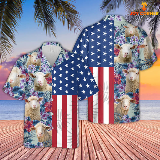 Joy Corners Sheep Flower Pattern US Flag 3D Hawaiian Shirt